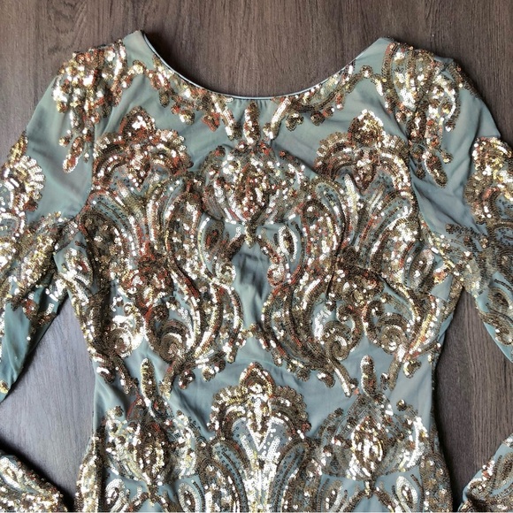 Dress the Population Lola Mini Dress Size L Grey/Green Gold Sequin NWT Mermaid - Picture 6 of 16